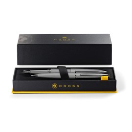 Cross ATX Ballpoint Pen and Fountain Pen Gift Set (Medium Line or Nib Size) Brushed Titanium Grey Ink Colour Black