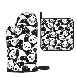 Cute Panda Oven Mitts and Pot Holders Sets,Heat Resistant Non Slip Kitchen Gloves Hot Pads with Inner Cotton Layer for Cooking BBQ Baking Grilling