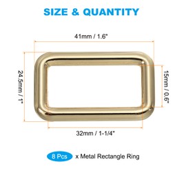 PATIKIL Flat Metal Rectangle Rings 1-1/2" / 38mm, 8 Pcs Square Loop Webbing Belt Buckle for Strap Keeper Leathercraft Bag Belt DIY Purse Making, Light Golden
