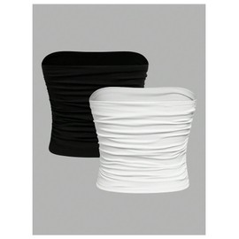 Milumia Girl's 2 Pack Tube Top Ruched Strapless Going Out Basic Bandeau Tops Black and White 8 Years