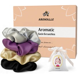 AROMALLE Aromatic Satin Hair Scrunchies for Women & Girls-Gift Set of 4 with Soothing Fragrance– Soft, No-Crease, Reusable Hair Ties for All Hair Types-with Premium Box. (Rose)