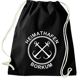ShirtInStyle Turnbeutel, Heimathafen Borkum Sprüche Spruch, Urlaub See Hafen Strand Familie, Farbe Schwarz