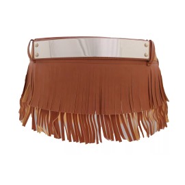 Unbranded Women Brown Faux Leather Skirt Tie Fringes Exotic Belt Gold Metal Plate Size S M