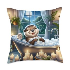 Otter Enjoying A Bubble Bath. Candles Pampering Peaceful Throw Pillow