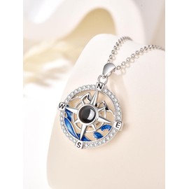 KINGWHYTE Compass Necklace for Women 925 Sterling Silver Compass Pendant Necklaces I Love You Necklace 100 Languages Projection Necklace Inspirational Nautical Dream Jewelry Graduation Gifts for Her