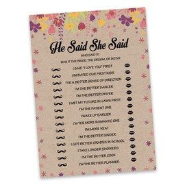 Inkdotpot Rustic Kraft Floral 50-Pack He Said She Said Cards For Couples Funny Rehearsal Dinner Who said it Question Bridal Shower Engagement Party Game Ideas