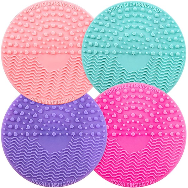 4 Packs Silicone Makeup Brush Cleaning Mat, Round Makeup Brush Cleaner Pad Cosmetic Brush Cleaning Mat Portable Washing Tool Scrubber with Suction Cup (Green, Purple, Pink, Rose Red)