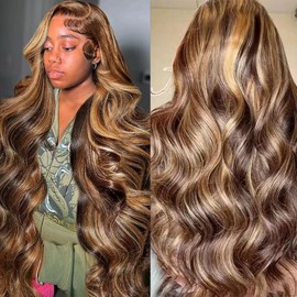 Honey Blonde Ombre Highlight 13x6 Lace Front Wigs Human Hair 180% Density HD Transparent Pre Plucked Body Wave Lace Front Wigs Glueless #4/27 Colored Human Hair Wig for Women 32 Inch