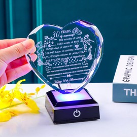 YWHL 30th Wedding Anniversary Romantic Heart Gifts for Couples Parents Laser Engraved 30th Anniversary Crystal Keepsake with Colorful LED Base 30 Years of Marriage Gifts for Wife Husband
