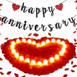 Retisee Anniversary Decorations Happy Anniversary Banner Sign Romantic Feliz Aniversario Party Decoration Black Red Glitter Banner with 24pcs LED Candles 2000pcs Rose Petals for Party Night Wedding