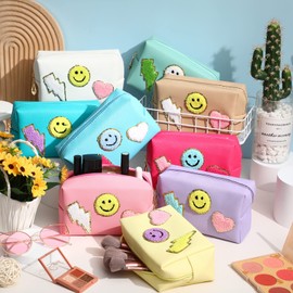 9 Bolsas de Maquillaje con Parche Neceser con Letras de Chenilla Impermeable Portátil de Cuero PU de Sonrisa Relámpago Corazón Bolsa de Viaje para Mujer (Multicolor, Sonrisa, Relámpago, Corazón)