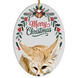 Funny Fawn Fennec Fox Ornament Ceramic Oval White - Merry Christmas 2025 Holiday Keepsake Decoration - Xmas Tree Hanging Decor Gifts for Fox Lovers