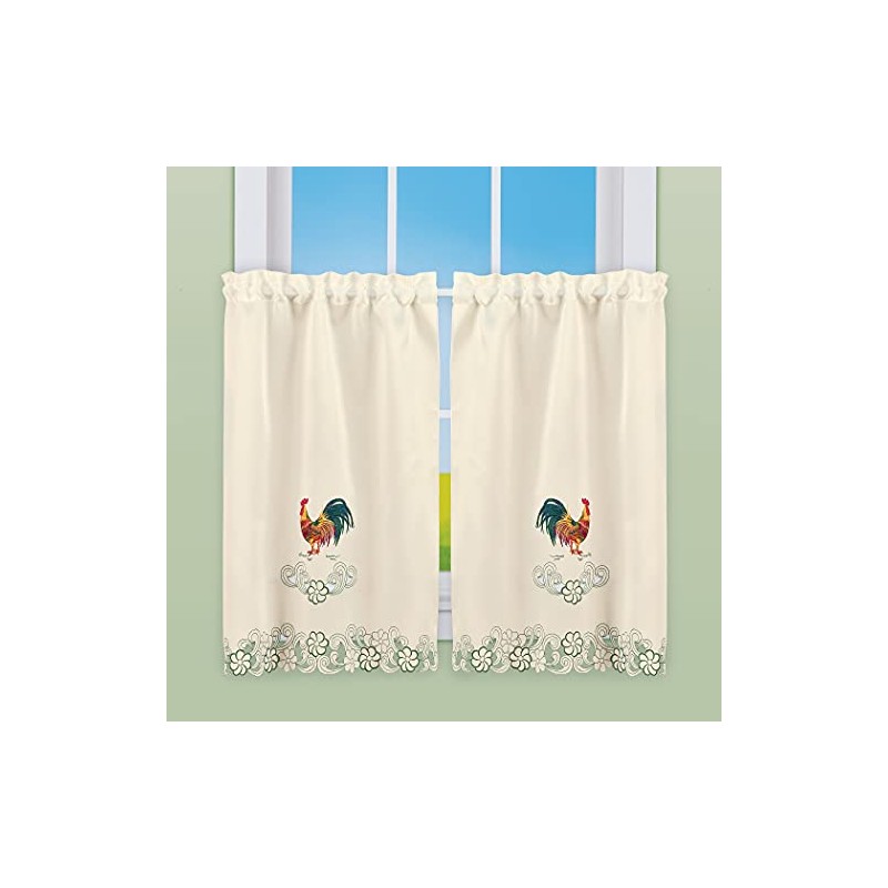 Collections Etc Rooster Embroidered Kitchen Window Curtains