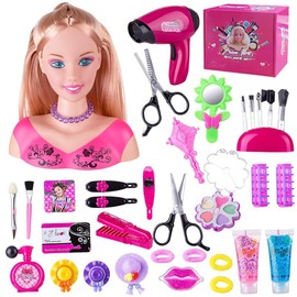 Weendiypty Doll Head Hair Styling Makeup Girls Toys Kids Pretend Play Beauty Set with Real Washable Cosmetics Hairdryer Curling Hairpins Accessories Birthday Gifts for Girls 3 4 5 Years Old