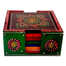 Purpledip Wooden Coasters 'Flora Fountain': Handpainted Set Of 6 Hot Pad Mat For Kitchen, Dining Or Bar (10260A)