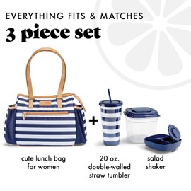 Fit & Fresh Lunch Bag For Women, Insulated Womens Lunch Bag For Work, Leakproof & Stain-Resistant Large Lunch Box For Women With Container and Matching Tumbler, Zipper Closure Copley Bag Navy Stripe
