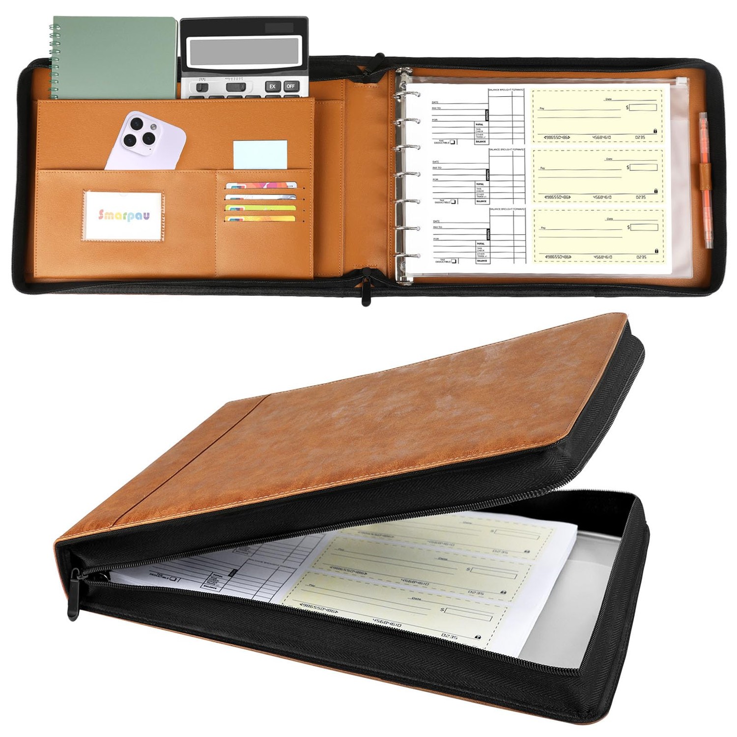 Smarpau Business Checkbook Binder 7 Ring, PU Leather Check Binder Holds ...