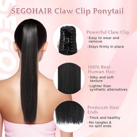 SEGOHAIR Human Hair Claw Clip Ponytail Extension 100% Real Human Hair Clip-In Extensions for Women Long Straight Pony Tails 14 Inches 105g #01 Jet Black