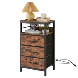 IBUYKE Nightstand with Charging Station,Side Table with Fabric Drawers, Bedside Table with USB Ports and Outlets, End Table for Bedroom, Living Room, Rustic Brown UTNS001H