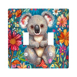 Spring Funny Koala Decorative Light Switch Cover Wall Plate 2 Gang Double Toggle, Oil Painting Floral Animal Electrical Faceplate for Bedroom Bathroom Decor, Flower Electrical Switchplate