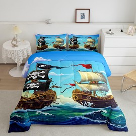 Erosebridal Sailboat Comforter Set Sailing Ship Nautical Down Comforter Ocean Wave Bedding Set for Kids Boys Girls Cartoon Pirate Ship Bedding Comforter Sets Black Red Blue Duvet Insert Twin Size
