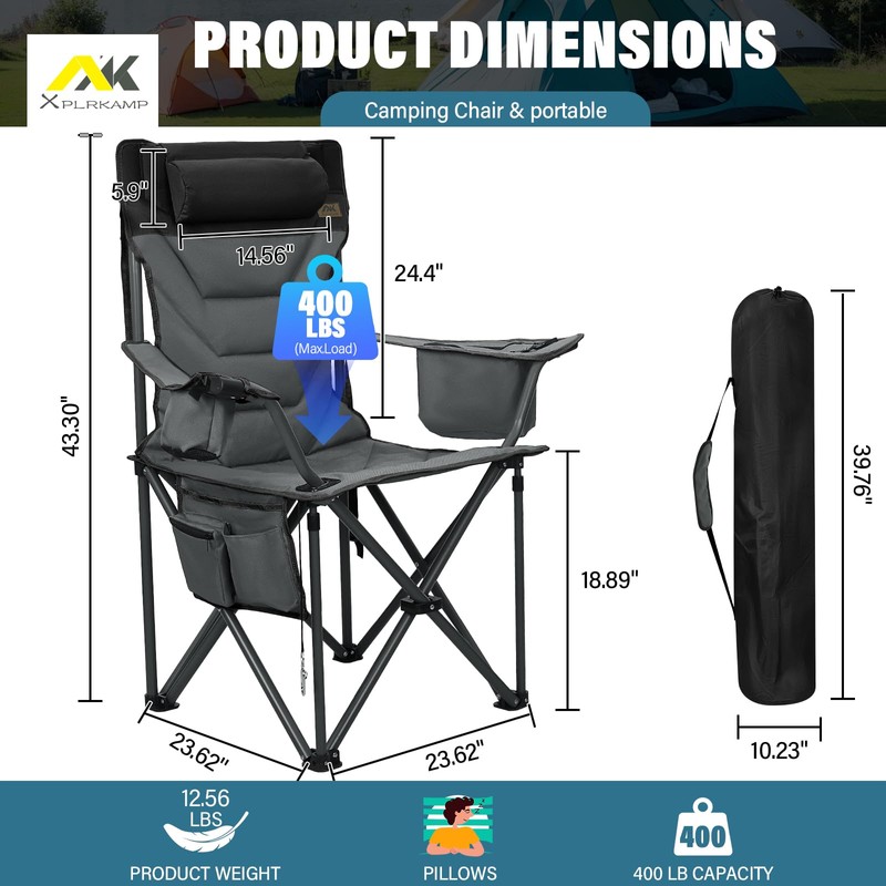 Oversized High-Back Camping Chairs with Pillow, Dual Cup Holders &