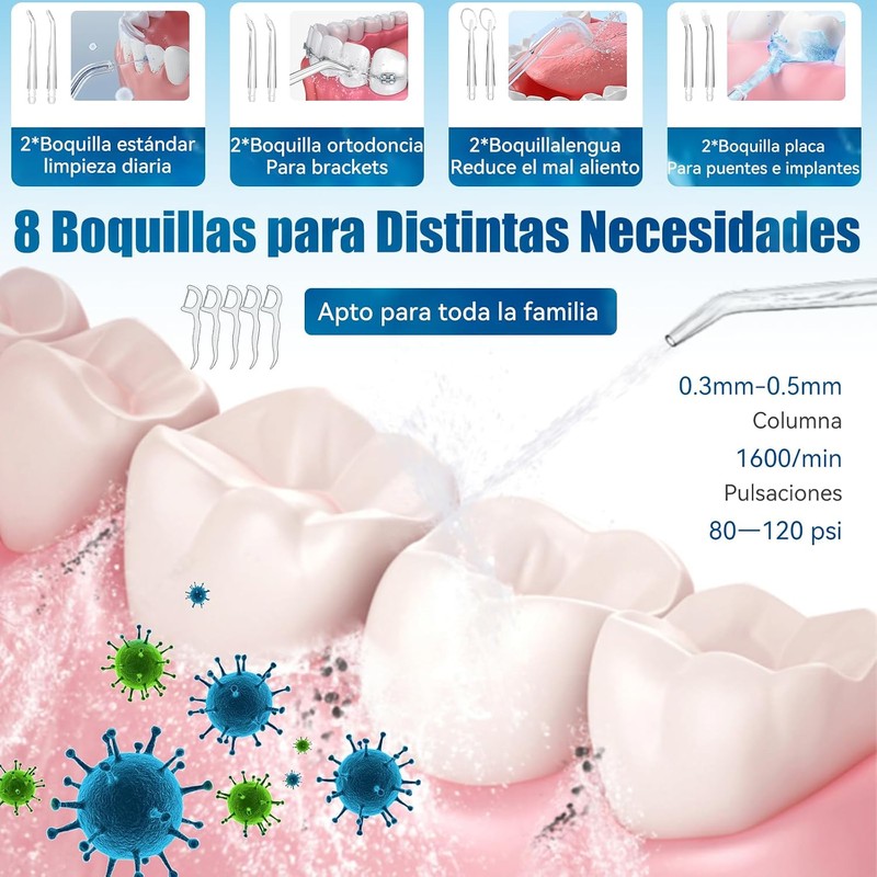 Irrigador Bucal de Agua,limpiador Dental con 3 Modos y 8