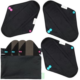 wegreeco Almohadillas sanitarias reutilizables de bambú (patrón elegante) – Almohadillas sanitarias de tela | Almohadillas de incontinencia ligeras | Almohadillas menstruales reutilizables – Paquete de 6 almohadillas, 1 mini bolsa húmeda de tela (M, negro)