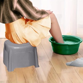 TENLITE Rib Design Bath Stool with Water Leaking Hole BPA Free Strong Plastic Multiuse Non-Slip Bath Seat For Indoor Outdoor Bathroom Kitchen for Adults Kids 12 Inch Approx [White] (Silver)