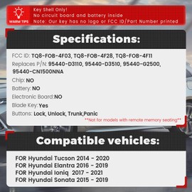 Beefunny 2 Replacement Remote Key Fob Shell Case for Hyundai Tucson Elantra Ioniq Sonata 2014-2020 FCC ID: TQ8-FOB-4F03 TQ8-FOB-4F28 TQ8-FOB-4F11,Just Empty Key Shells