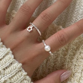 Dainty Flower Pendant Ring for Women Girls 925 Sterling Silver Hypoallergenic Silver Irregular Elastic Stretch Adjustable Finger Rings Minimalist Polished Open Flower Statement Jewelry
