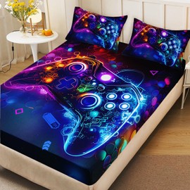 AILONEN Gaming Gamer Fitted Sheet Set Twin Size,Video Games Bedding Set for Kids,Teens,Modern Boys Gamepad Bed Sheet Set,Cartoon Gamer Console Bedheets Set,1 Fitted Sheet + 2 Pillowcases,3-Piece