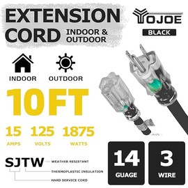 YOJOE Indoor Outdoor Extension Cord with Lighted End, 3 Prong 15A Weatherproof Power Cord, 14 Gauge Heavy Duty 10 ft Black Extension Cord for Garage, Garden and Home, 14/3 SJTW UL Listed