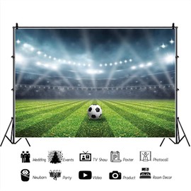 YongFoto 7x5ft Football Arena Stadium Backdrop Spotlight Illuminated Soccer Pitch Lawn Fans Stands Photography Background Children Decor Birthday Festival Event Party Photo Studio Props Vinyl