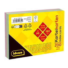 Idena 11384 - Karteikarten A6, 200 Stück liniert, Lernkarten aus 180 g/m² FSC-Mix Papier in 4 Farben, für Schule und Büro