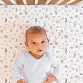The Peanutshell Fitted Crib Sheets Set, Unisex 4 Pack Celestial Print, Grey Moon & Stars
