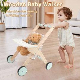 Canuan Wooden Baby Walker Doll Stroller, Baby Push Walker, Shopping Cart Learning Walk for Boys and Girls, Wood Push Toys for Toddler Learning to Walk