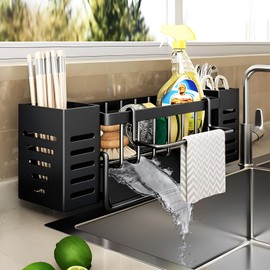 dancepandas Sink Organiser, Stainless Steel Kitchen Organiser with Self-Draining Drain Tray, No Drilling, with 2 Baskets, Hanging Rinse Agent and Holder, Cloth Holder (Black)