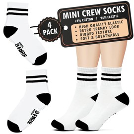 Forever Bambe Mini Crew Socks for Women, Soft Terrycloth Cushioned Bottom Striped Socks, Retro Athletic Quarter Calf Gym Socks (4-Pack) White Ankle Socks With Black Stripe