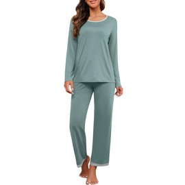 PrinStory Womens Pjs Long Sleeve Casual Loungewear Set Comfy Top And Full Lenght Pants Sleepwear Nightwear Pajamas Set Soft Homewear (Haze Blue, L)