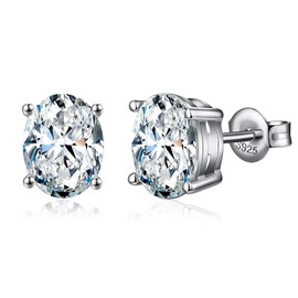 JiaYang 925 Sterling Silver Oval Brilliant Lab Simulation Diamond Stud Earrings 5A Cubic Zirconia Stud Earrings Hypoallergenic White Gold Plated (4MM)
