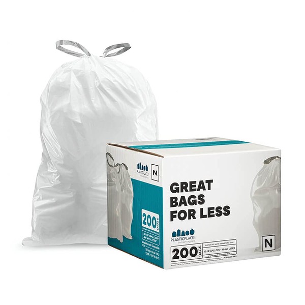 Plasticplace Trash simplehuman (x) Code N Compatible (200 Count)│White Drawstring Garbage Liners 12-13 Gallon / 45-50 Liter │ 22.75" x 31.5"