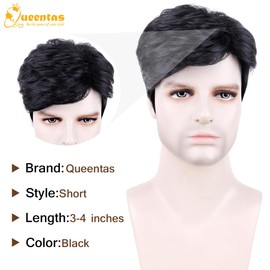 QUEENTAS Men Wig, Short Hair, Men's Wigs, 70s 80s Black Wig, Men's Dress, Fancy Synthetic Layered Wigs, Replacement Wigs for Men
