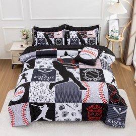 A Nice Night Sports Geometric Grid Black Patchwork Baseball Printed for Boys Queen 6Pcs Bed in A Bag Comforter Bedding Set,Black