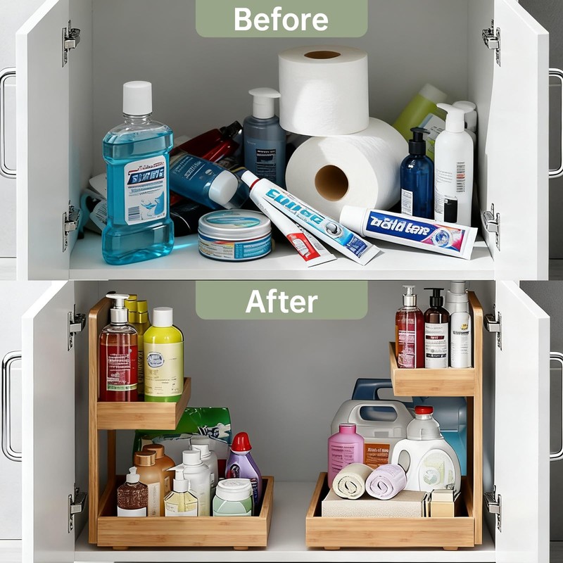 Bamboo Undersink Organizer Storage - 2-Tier Cabinet Shelf with Adjustable