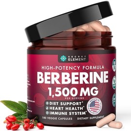 Secret Element Berberine HCL Supplement 1500 mg, High Potency Vegan Capsules with Beet Root, Citrus Bergamot & Black Currant, Non-GMO, 180 Capsules