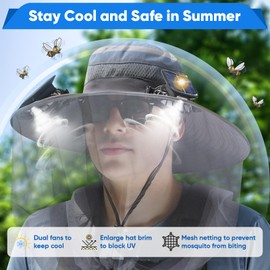 HIKERBRO Wide Brim Sun Hat with Fan, Solar Powered Fan Hat with Mosquito Head Net, Men & Women Cooling Hat for Outdoor, Fishing, Beach, Bucket Hat Built in 2 Solar & USB Charging Fans,Gray