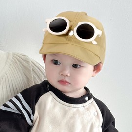 HeyCaps Kids' Cute Baseball Cap with Sunglasses Decoration - Breathable Cotton Sun Hat with Extended Brim for Outdoor Activities for 0-3 Years Khaki