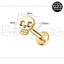 BodyAce Gold ASTM F136 Titanium Lip Bars, 16G Flat Back Earrings with Piercing Taper, Internally Threaded Labret Ring Cartilage Piercing Tragus Studs [Gold Skull]