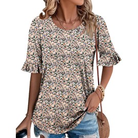 onlypuff Summer Round Neck Shirts for Women 3/4 Sleeve Tunic Top Pleated Blouse Medium Khaki Blue